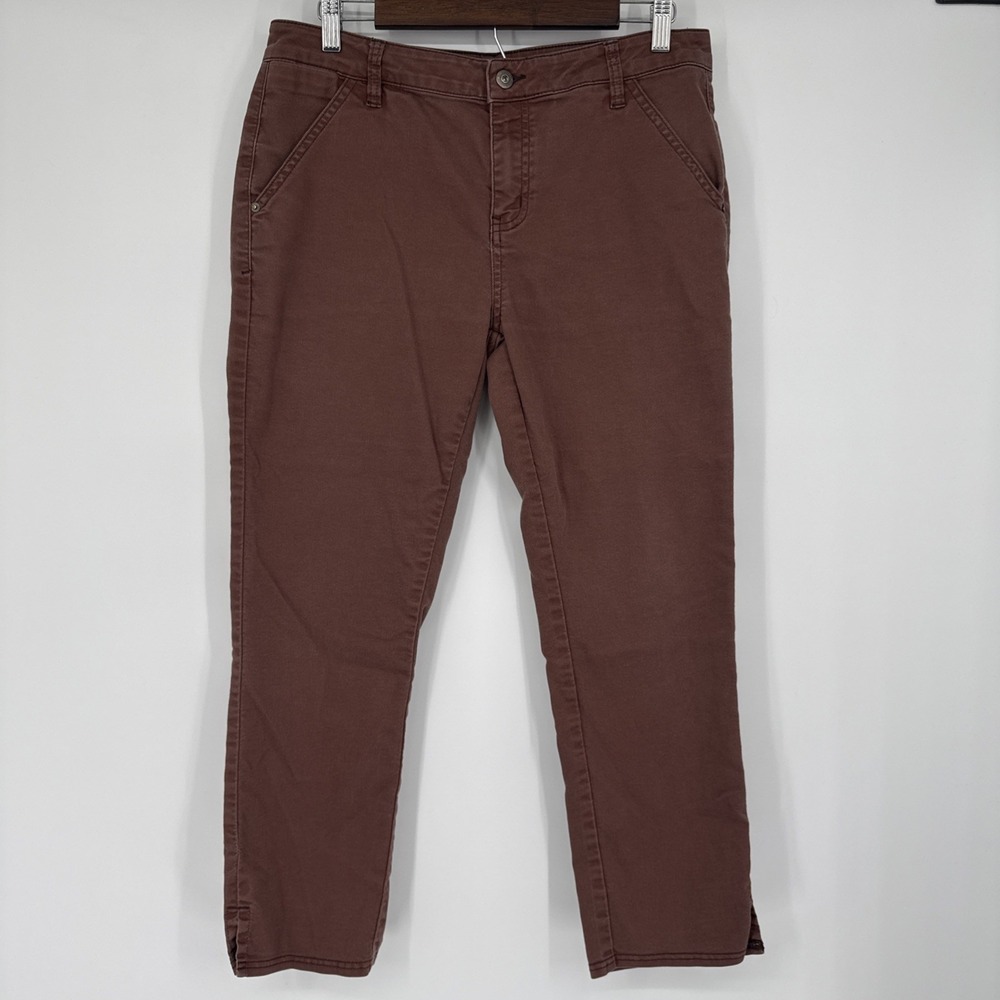 PrAna Kayla Crop Chino Pants Women's 10 Mid Rise Brown Hiking Durable Slit Hem